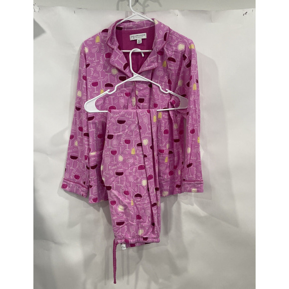 Live Love Lounge Small Pink Rose All Day Wine Glasses Flannel Pajama Set NEW - Picture 1 of 15